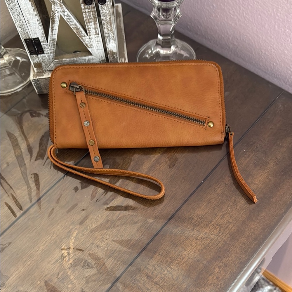 Free People Cognac Leather Wristlet Wallet